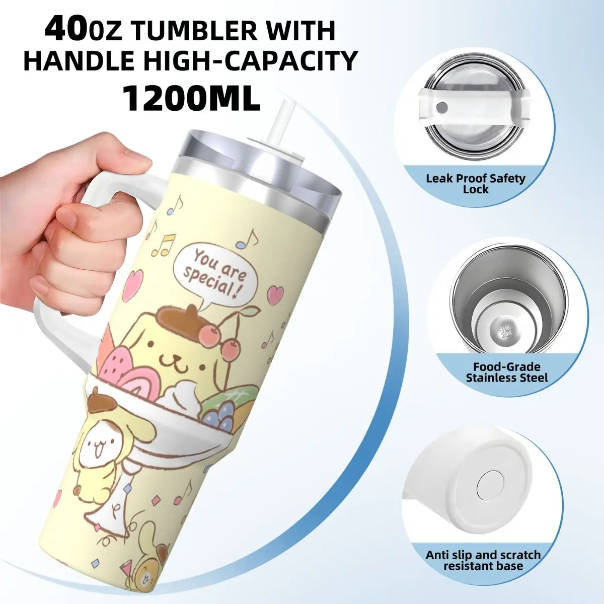 Stainless Steel Tumbler Pom Pom Purin Thermal Cups Leakproof Cold Drink Car Mugs Camping Printed Water Bottle