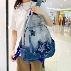 Korean Goth Backpack For Women Stars Collage Denim Shoulder Punk Bag Large Capacity School Backpacks Travel Mochila Femenina sac