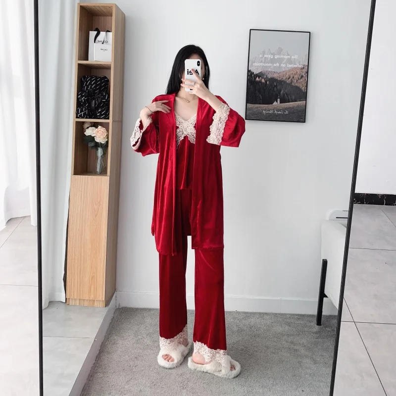 New Autumn Velvet Sling Three-piece Set Pajamas Lace Trim Bath Robe Nightgown Loose Casual Velour Solid Home Clothes
