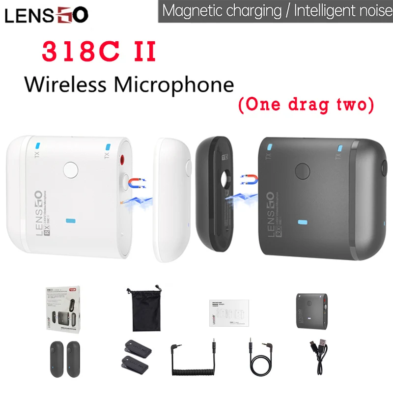 

LENSGO 318C II318CII 318 C Mini Wireless Lavalier Microphone Magnetic Charging 1 RX 2 TX Video Mic for Phones Cameras