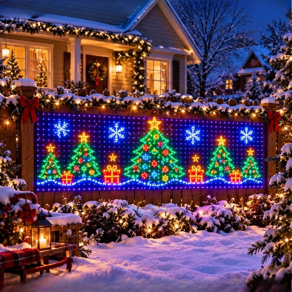 Christmas Gift Pattern Net Lights Set Bluetooth App RGBIC Novelty Multicolor Outdoor Garden Wall Decor