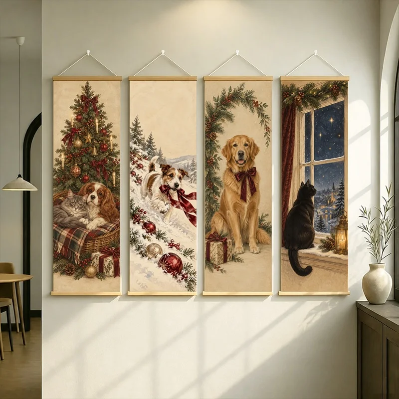 Christmas Dogs and Cats Hanging Scroll with Gifts and Evergreen Branches in a Warm Vintage Illustration for a Living Room