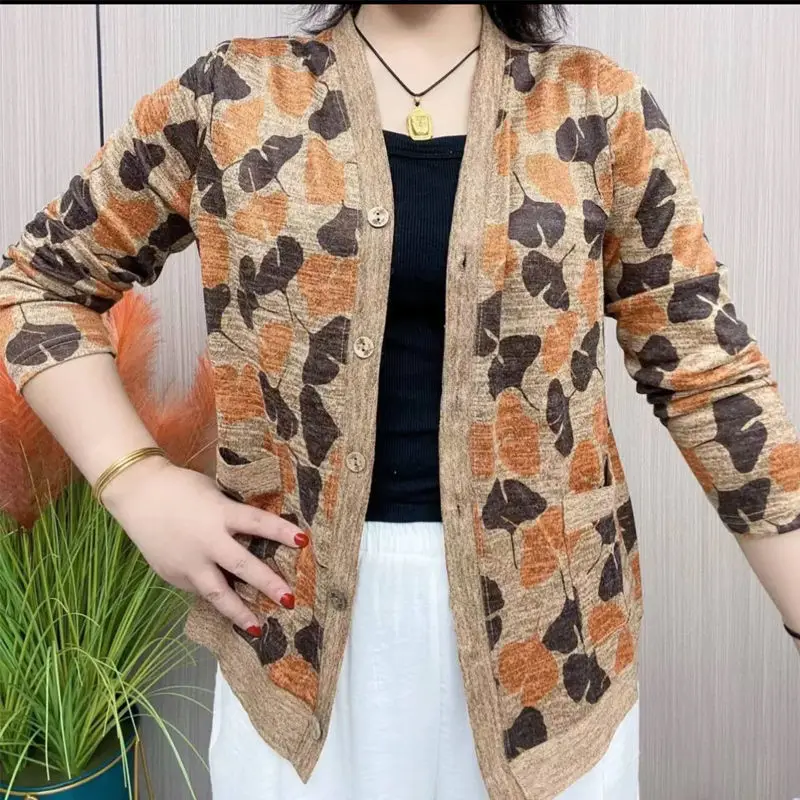 Elegant Long Sleeve Printed V-Neck Button Cardigan Spring Autumn Thin Vintage Casual Pockets Floral Sweaters Female Clothing