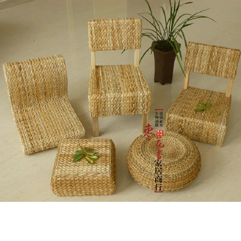 Tea Room Grass Woven Stool, Pastoral Country Low Bench, Rattan Shoe Stool, Fashion Solid Wood Round Seat for Relaxed Seating