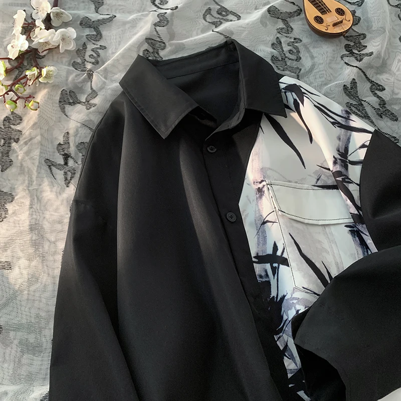 Men's Printed Shirt Asian Casual Ink Painting New Fall Long Sleeved Lapel Shirt Black And White Color Clash Shirt Jacket