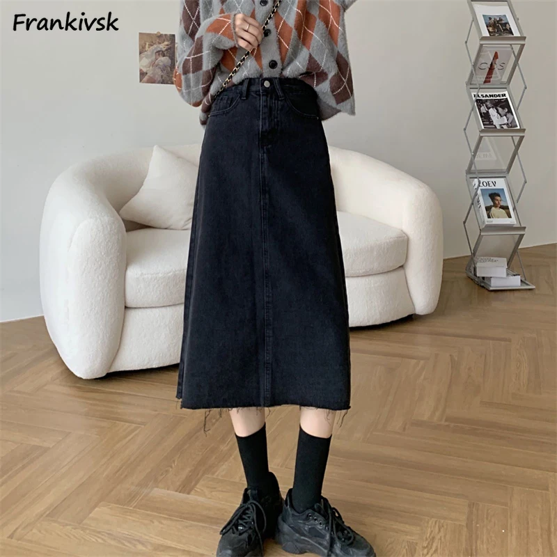 Mid-calf Skirts Women Leisure All-match Elegant High Waist Frayed Solid Fashion Simple Streetwear A-Line Retro Japanese Style