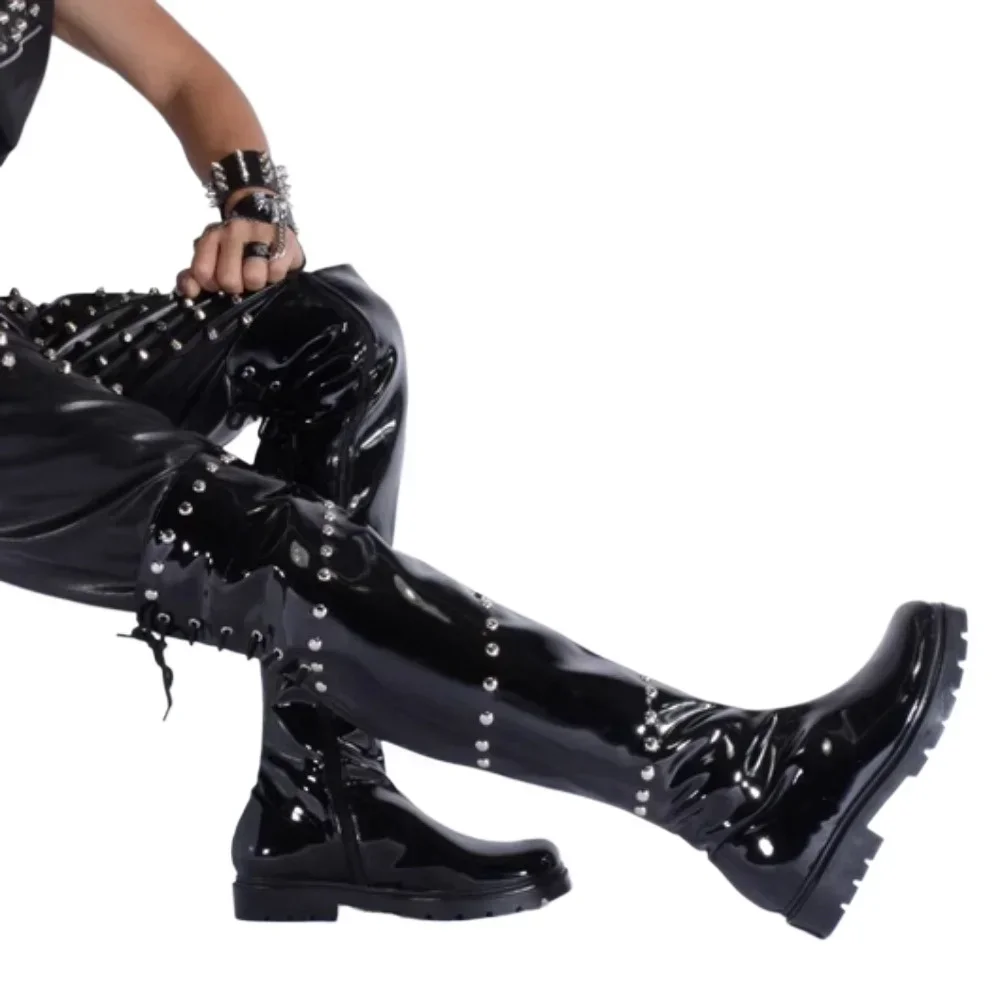 

Men's Patent Leather Stage Perform Rivet Over-the-Knee Boots Buckle Thick Heel Round Toe Western Long Boots Dress Party Zip Up