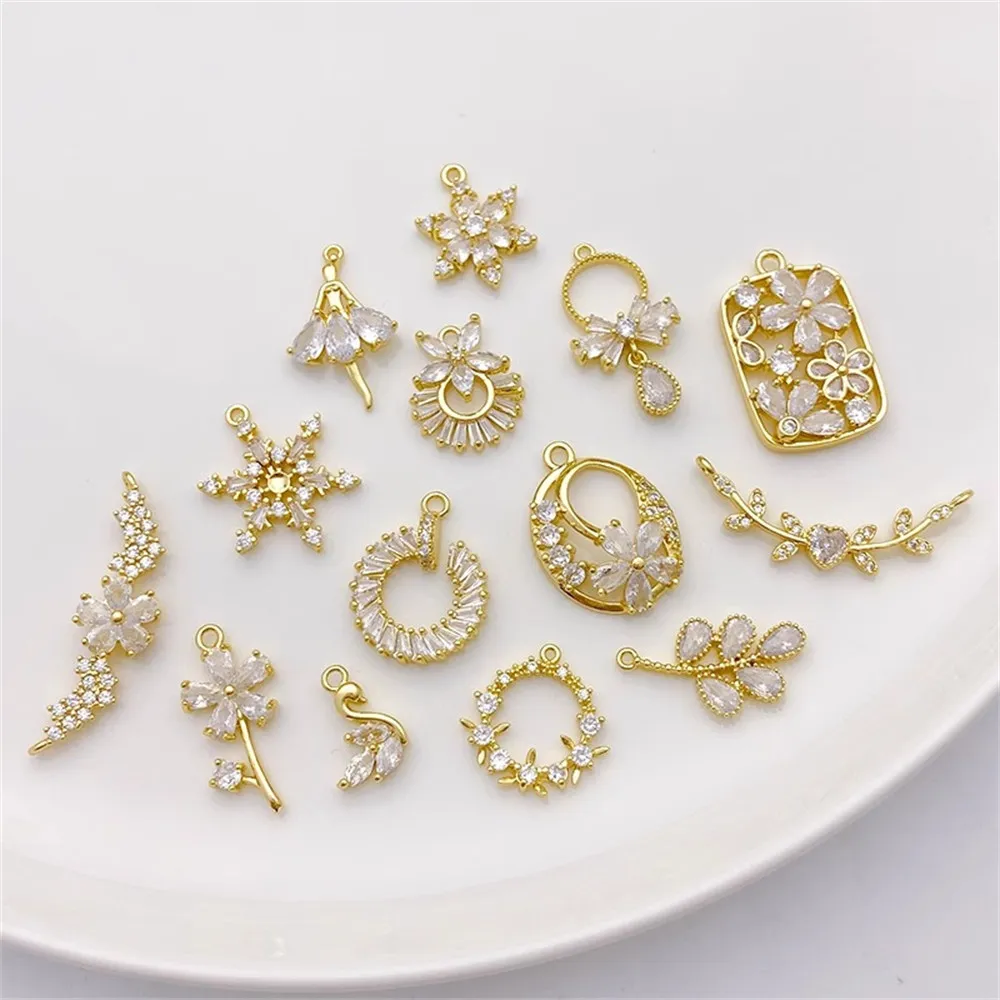 

14K Gold-plated Zircon Flower Wreath Snowflake Charm Pendant DIY Jewelry Supplies Beads for Necklace Bracelet Craft Accessories