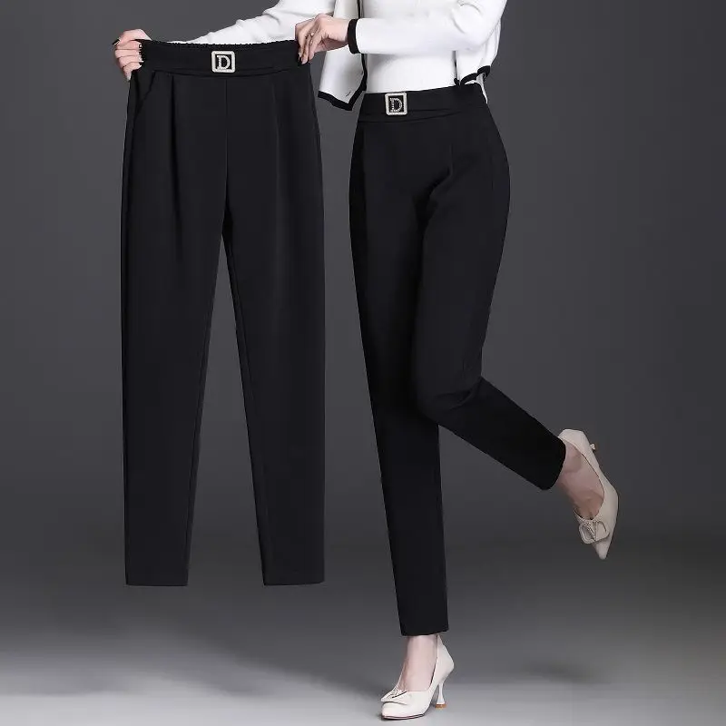 Spring Women's New Fashion Elastic High Waist Diamonds Solid Color Skinny Versatile Ruched Pocket Trendy Professional Suit Pants