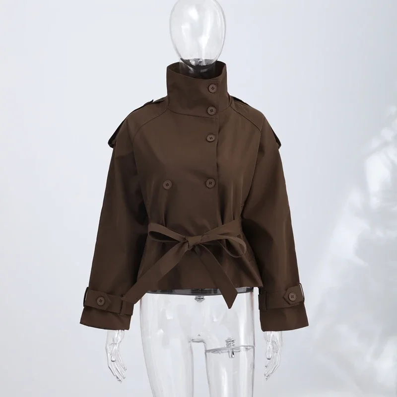 Frühlings-Damen-Trenchcoat mit Schnürung, Stehkragen, Doppelreihiger Knopfverschluss, Stilvolle Neue Damen-Jacke mit Langen Ärmeln, Streetwear-Oberbekleidung – Detail 12