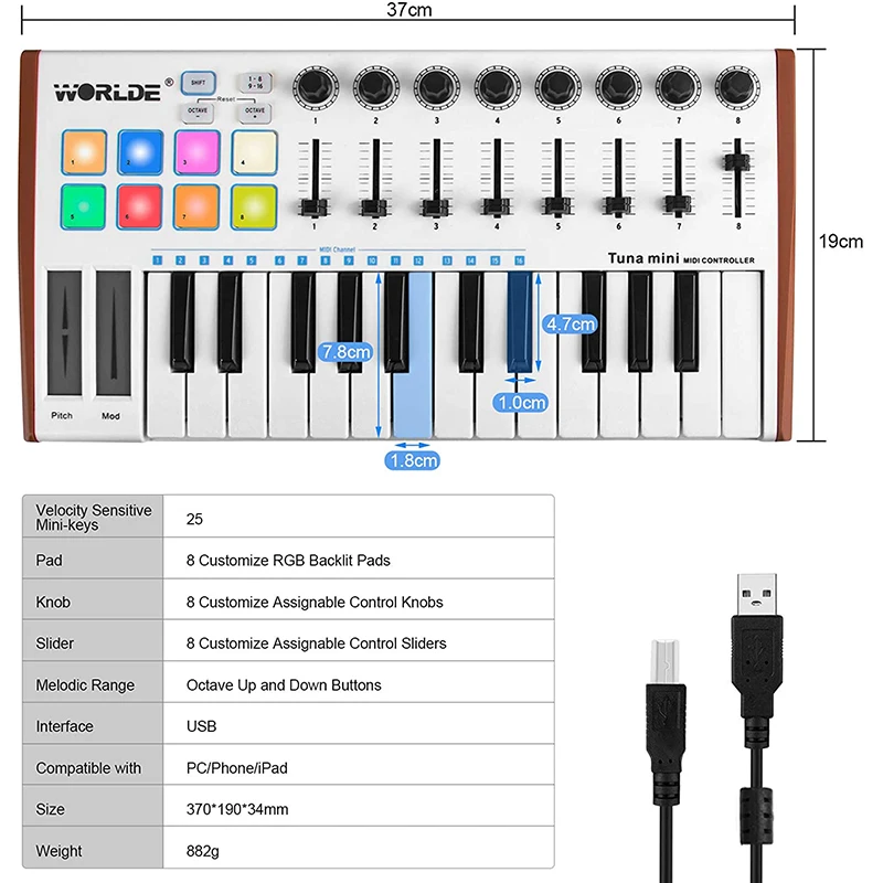 Worlde 25-Key Panda Tuna MIDI Controller Portable USB Keyboard & Drum Pad Music Arranger Keyboard Electronic Sound Controller