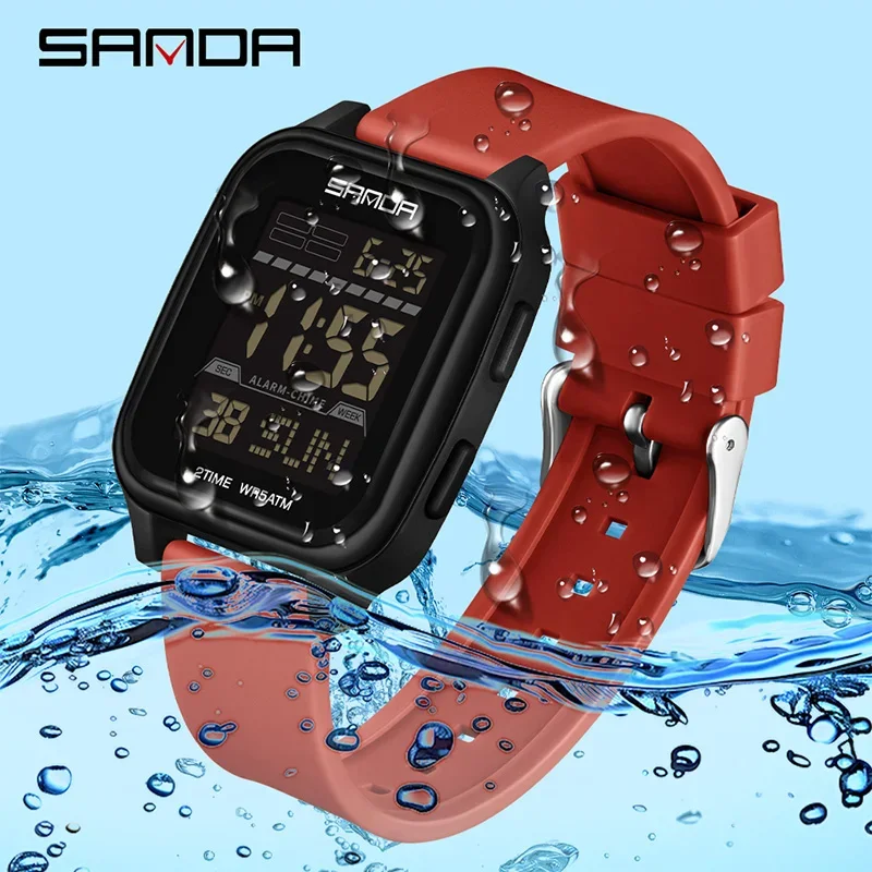 SANDA 2211 موضة ساعة إلكترونية للرجال متعددة الوظائف مربع الهاتفي التقويم الرياضة مضيئة مقاوم للماء الساعات الرقمية للرجل