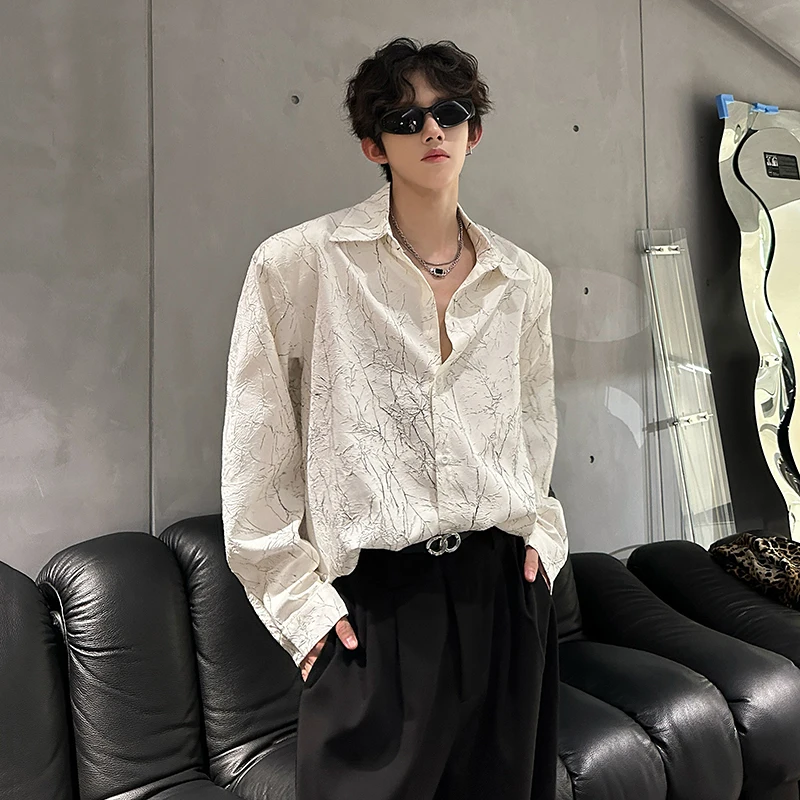 

Trendy Ins Brand Men's Long Sve irt oulder Pads Texture Sensation Autumn Faion Street Sle arp And Haome