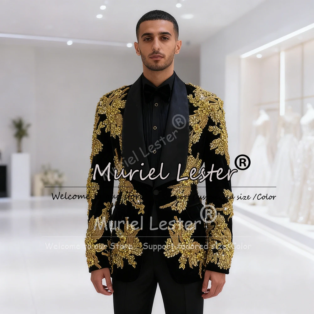 

Эксклюзивные вышитые свадебные костюмы для мужчин, куртка с золотыми камнями и бисером, брюки, комплект из 2 предметов, смокинги для жениха, наряды по индивидуальному заказу, Ropa Hombre