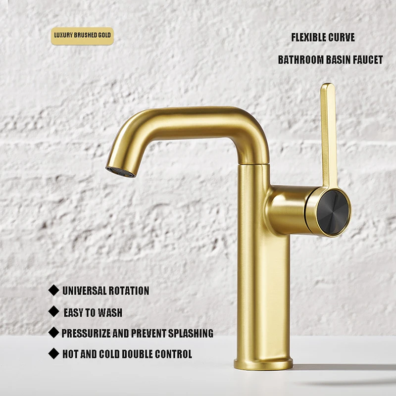 

Feature Brushed Gold Basin Hot And Cold Water Faucet Universal Rotating High Basin Hot And Cold Water Faucet Bathroom Zirconium