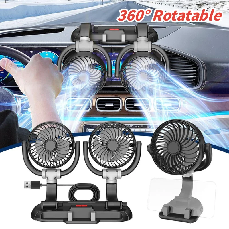 360° Rotation USB Car Cooling Fan with Phone Holder Compact Desk/Car Dual-Use Fan Adjustable Dual Function Car Fan Phone Bracket
