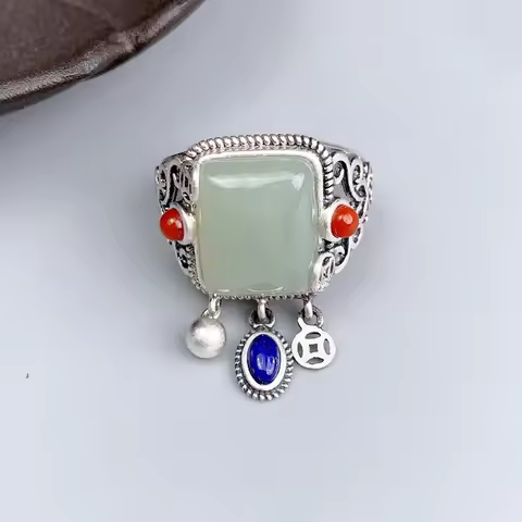 Vintage Natural Hotan Jade Green Rings for Women 925 Silver National Style Tassels Lapis Lazuli Ring Classic Geometry Jewelry