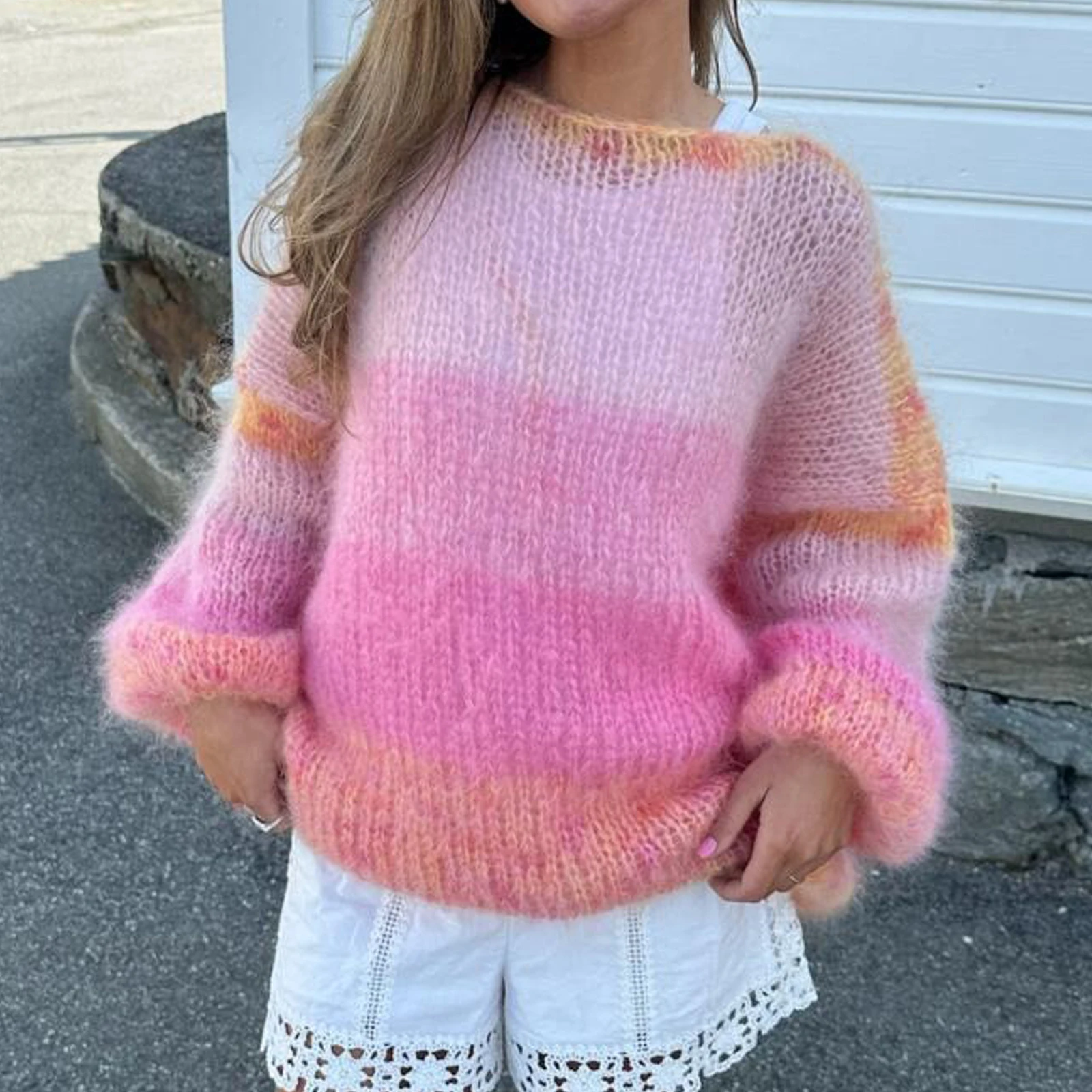 

Women Striped Fuzzy Sweater Tops Loose Boat Neck Long Sleeve Pullover Knit Tops Casual Winter Fall Clothes Y2K Streetwear