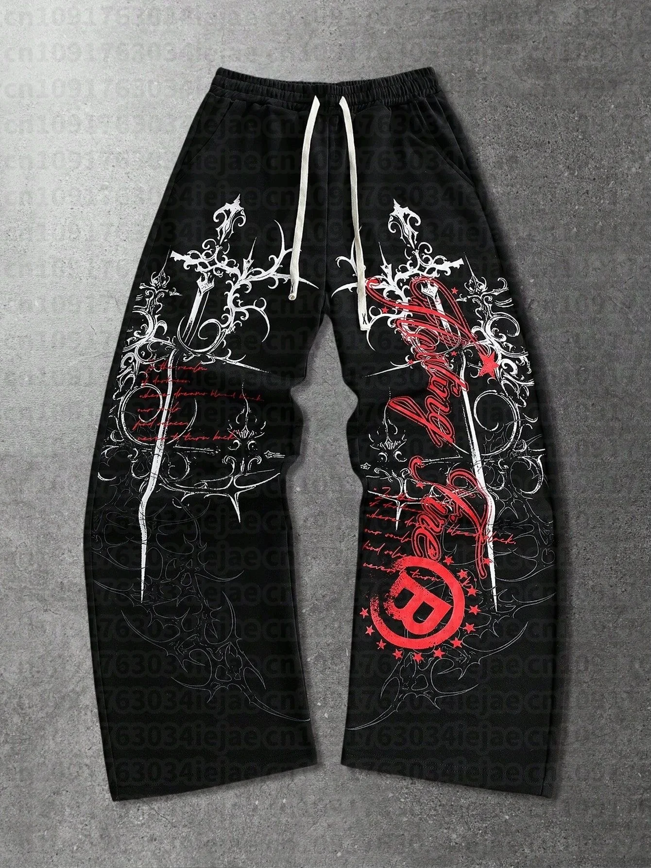 Y2K Goth Streetwear Herren Damen Sommer Schnelltrocknende Lange Hose Rosa Weiß Graffiti-Muster Elastischer Kordelzug Weite Hose – Detail 4