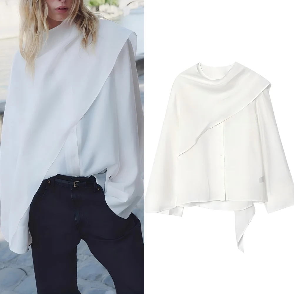 

Женская новинка 2025, модная повседневная универсальная шаль с украшением из ленты, топ в стиле ретро, женская рубашка на пуговицах с длинными рукавами, шикарный топ