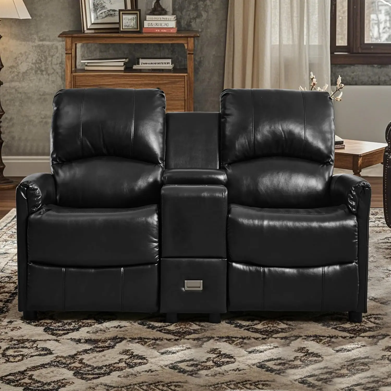 Loveseat Recliner Sofa, Faux Leather Home Theater Seating with Console, RV Double Recliner with Side Pocket for Living Room (Bla