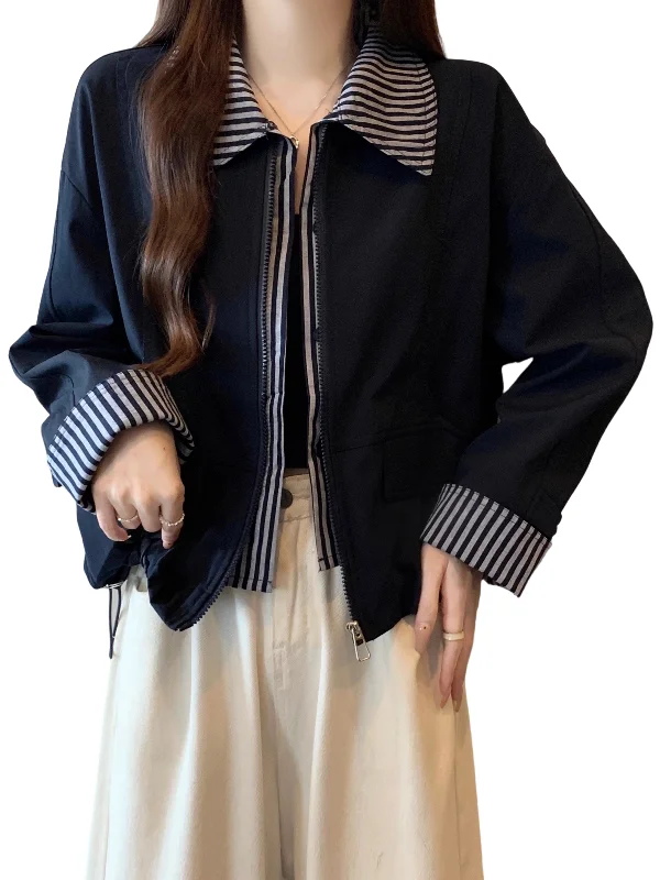 봄 가을 여성용 페이크 투톤 커피색 긴팔 재킷 플러스 사이즈 XXXL 한국 스타일 짧은 재킷 여성 아우터