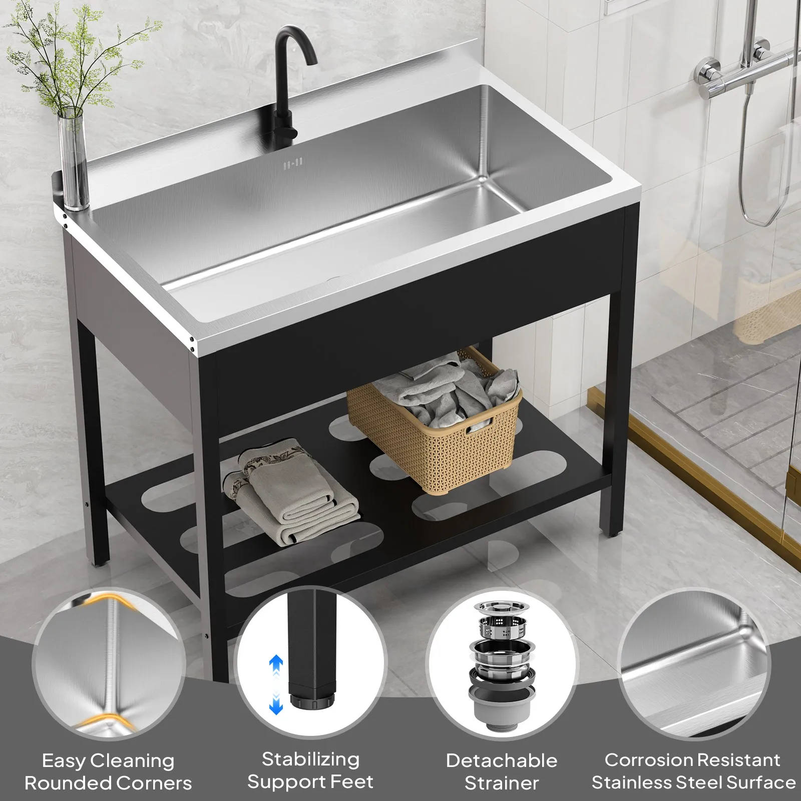 Utility Sink, Electroplated Black Stainless Steel with Pull-
