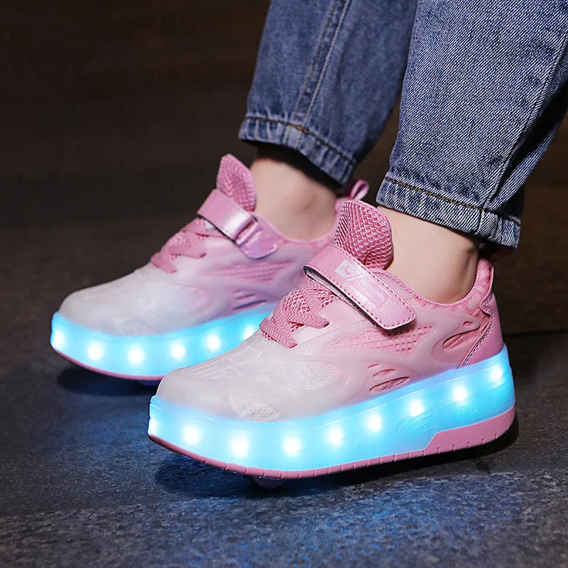 Kids Deformed Wheel Shoes Luminous Rechargeable Roller Skates Child Boys Girls 4 Wheels Sliding Sneakers LED Flash Footwear Gift