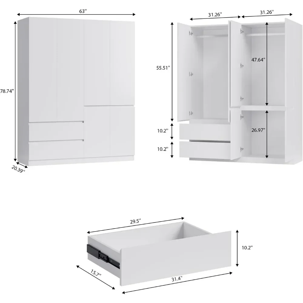 Wardrobe Wardrobe Closet with 4 Doors,Storage Cabinet with Shelves & Hanging Rod,White 63