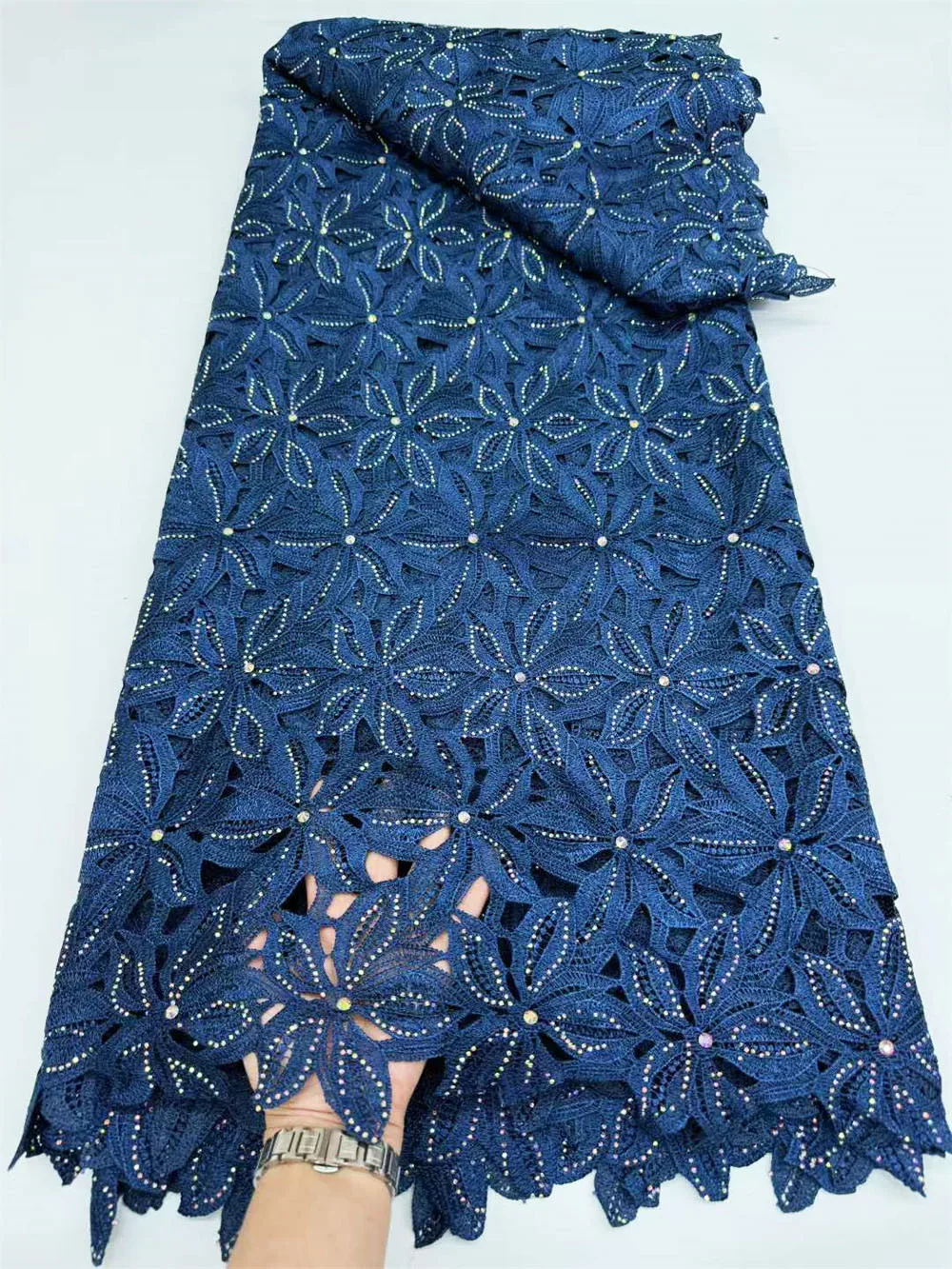 

High Quality Heavy Guipure Cord Lace With Hotfix Rhinestones Water Soluble 2026 Embroidered For Nigerian Traditional CO1208