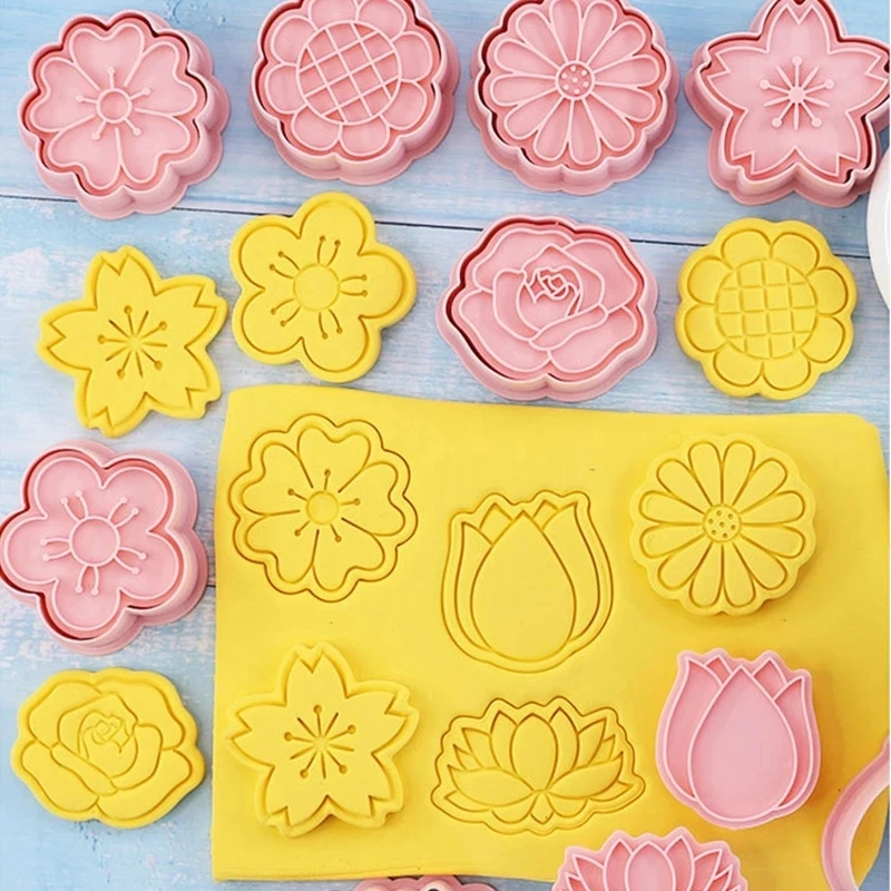 8 Pieces Cookie Cutter Flowers Shape Stampers Set, Flower Embossing Cutters For Biscuit Fondant Cheese Baking Tools