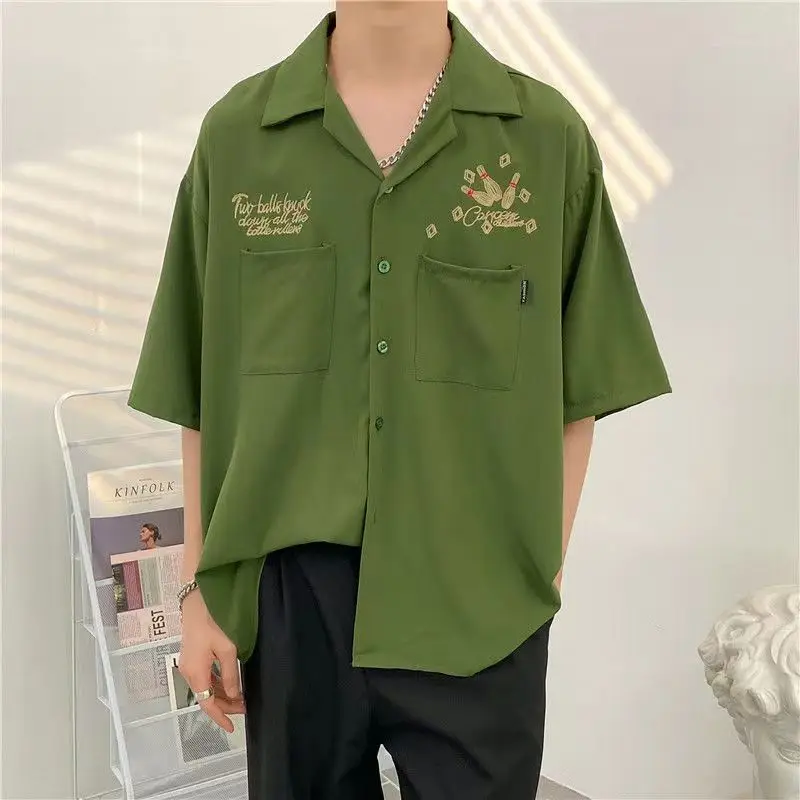 Branco Bowling Bordado Ferramentas Colarinho Cubano Retro Camisa de manga curta Homens Mulheres Camisas Verão Hip Hop Camisa Casual Jaqueta