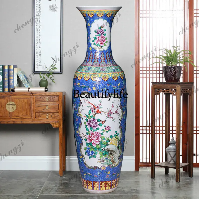 Jingdezhen ceramics antique pastel floor-to-ceiling large vase flower blooming rich ornament living room