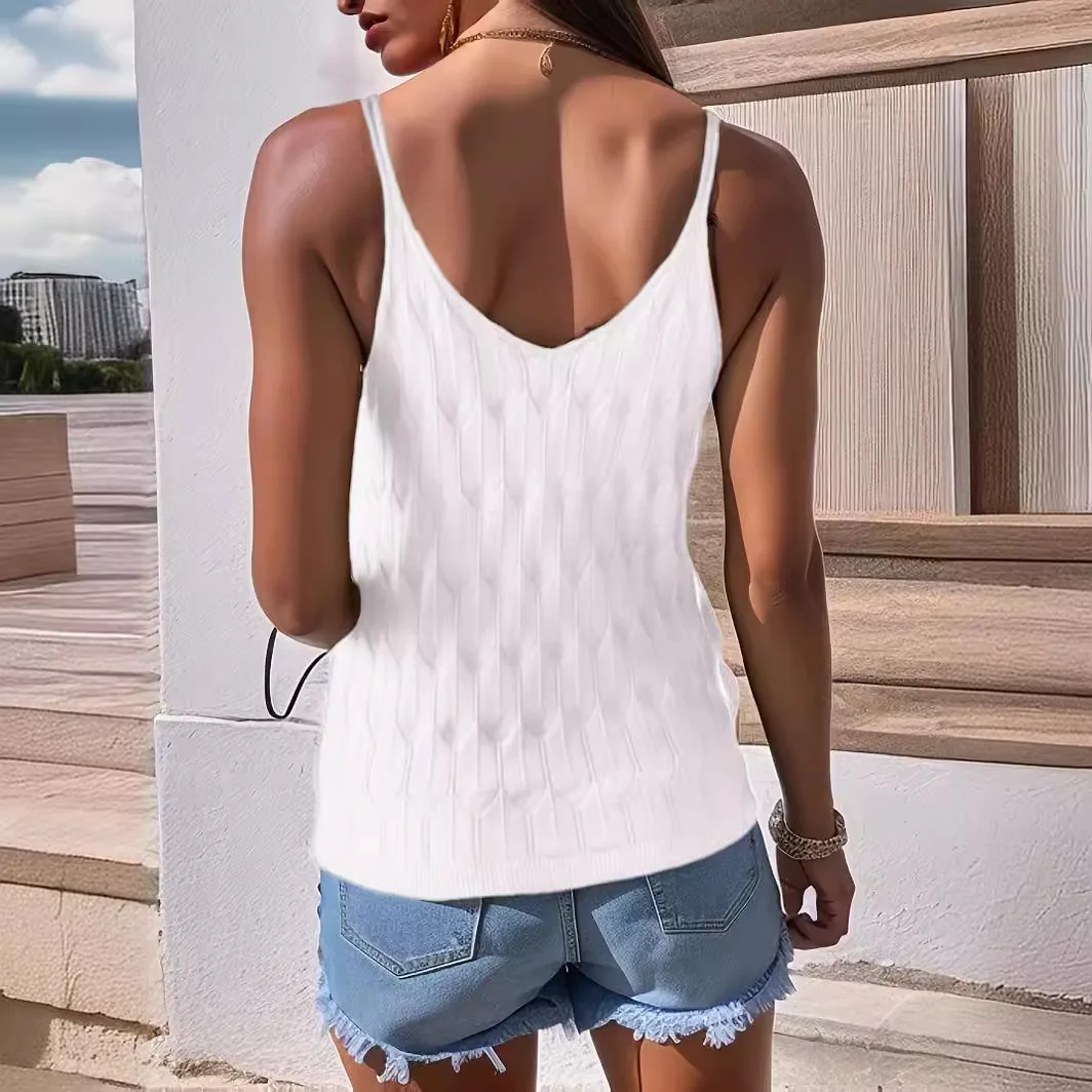 2026 Women's Knitted Hollow out V-Neck Pure Color Summer New Style Cross-Border Fashion Sexy Hollow out Knitted Vest Top