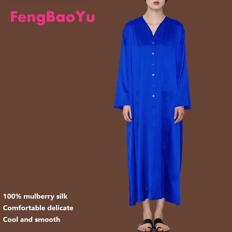 

Fengbaoyu Natural Silk Women's Dress Long-sleeved V-neck Shirt-style Long Dress Loose Large Size Elegant and Simple Style