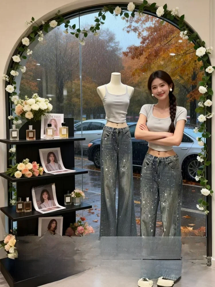 Plus Größe Glitter Diamant Eingebettet Blau Breite Bein Jeans frauen Herbst Winter Neue Sle Ultra ular Dünne Gerade Hosen