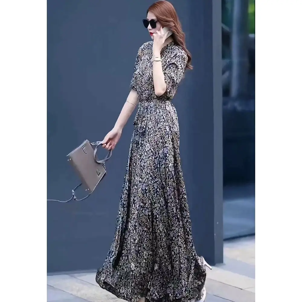 2024 Short Sleeve New Summer Printed Dress with Floral Patterns Waist Cinching Slimming Fashion High Waist arge Swing Long Skirt