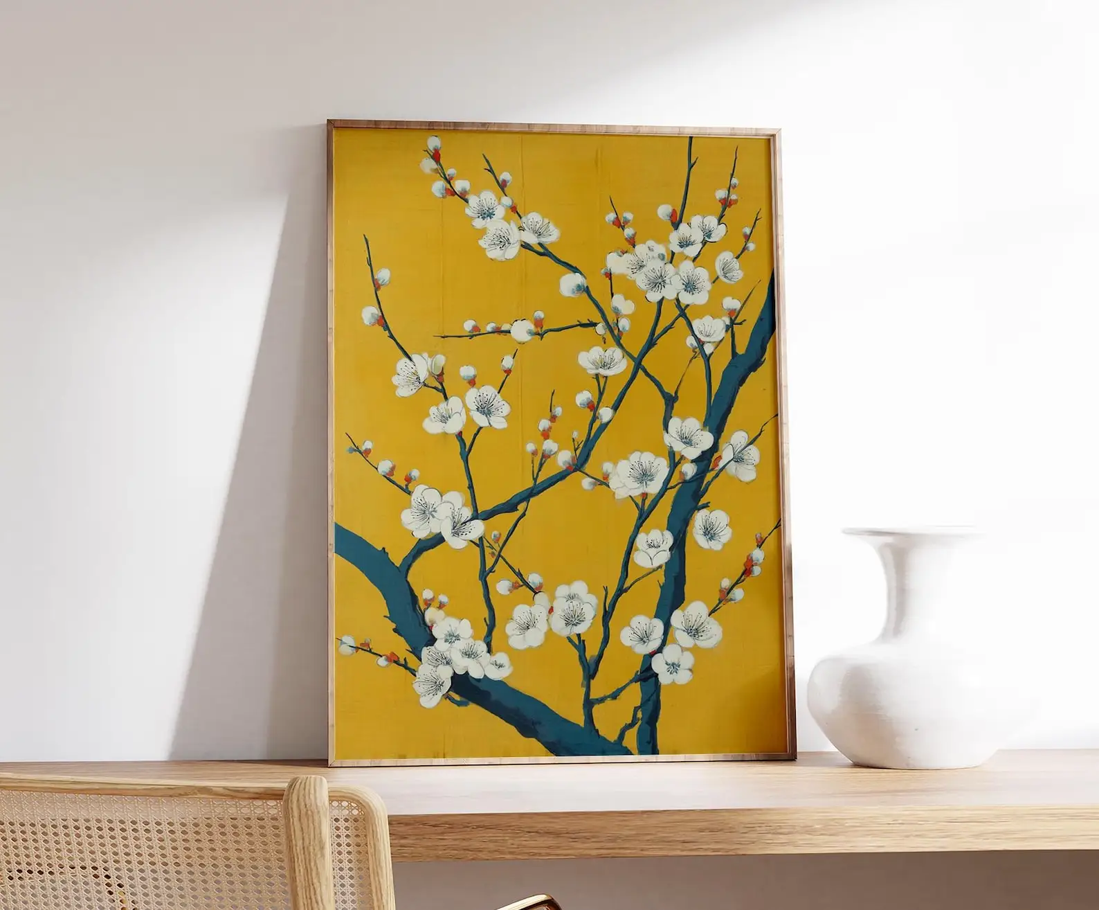 Unframe Cherry Blossom Poster Print, Yellow Floral Wall Art, Japanese Plum Tree Decor, Oriental Flower