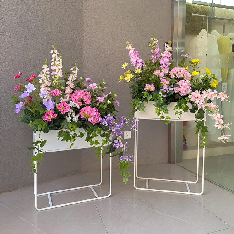 

Simulated delphinium hydrangea hanging wrought iron flower stand combination mix and match flower box placed at the door