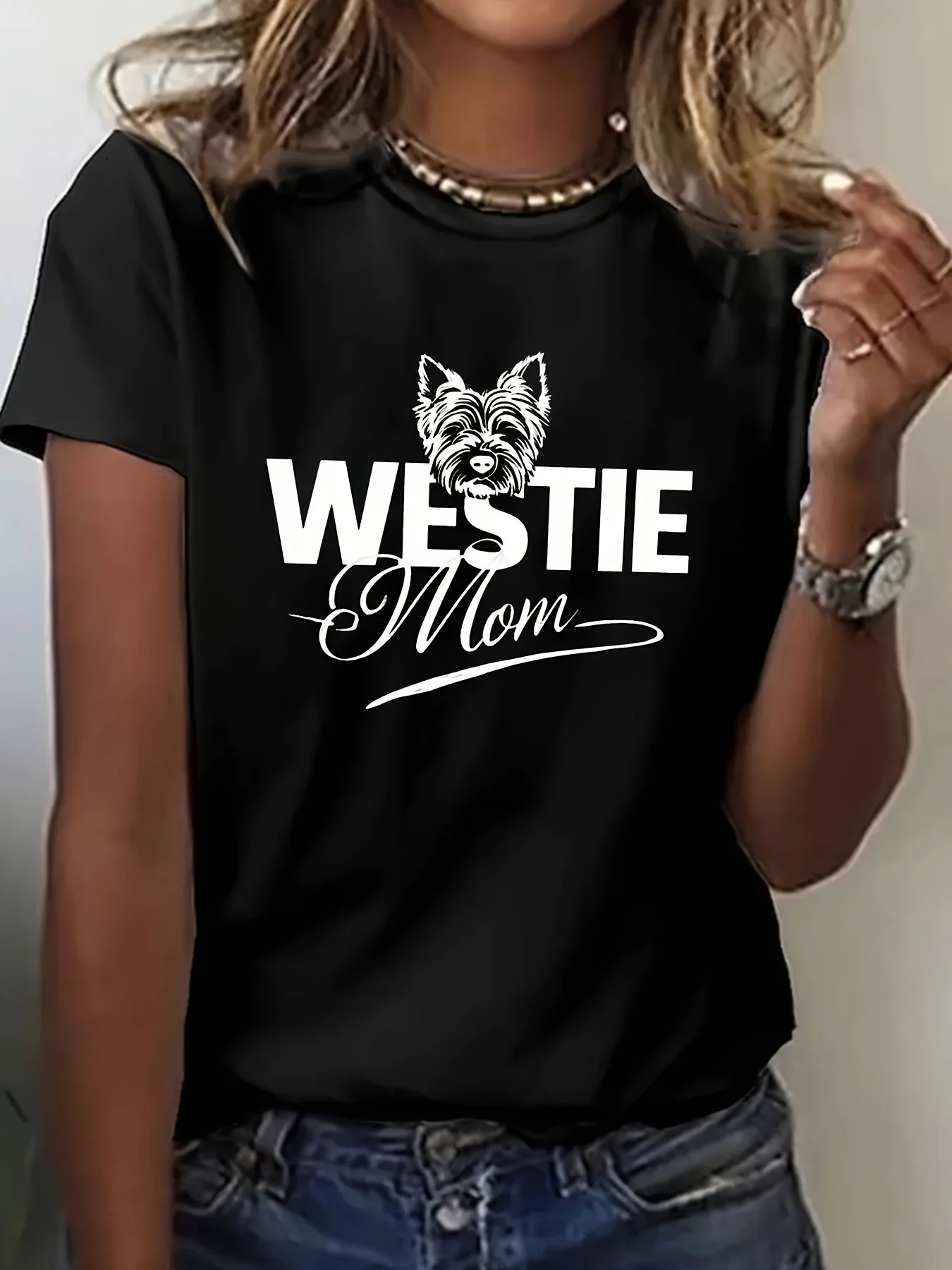 T-shirt à motif pour femme "WESTIE Mom". T-shirt décontracté à manches courtes et col rond, longueur régulière, lavable en machine, saisonnier