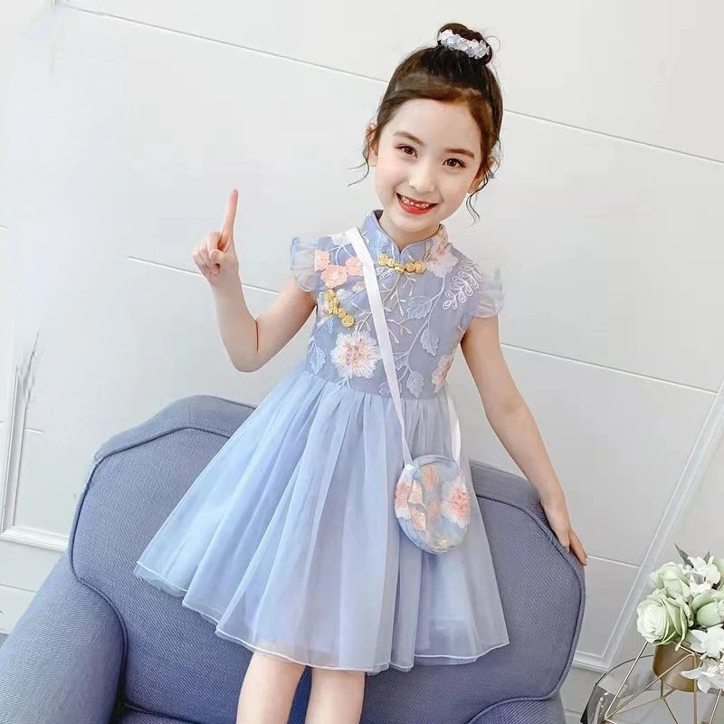 Girls Dress Summer Clothes Hanfu New Fashion Children\'s Vintage Net Yarn Dress Kids Girls Dresses for School Wedding of 12 Years