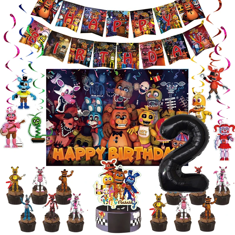 Bären-Geburtstagsparty-Dekoration FNAF Teller-Becher-Set Nachtbären-Hintergrund Babyparty-Geschenk Cupcake-Topper Geschenktüte Tischdecke