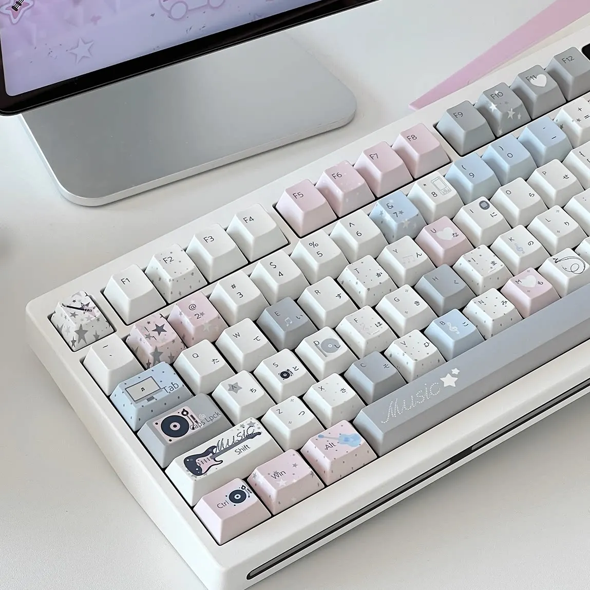 MAIMOOO Keycaps Millennium Radio PBT Thermal Sublimation Cherry Keycaps Grey Pink Keyboard Keycaps 137keys