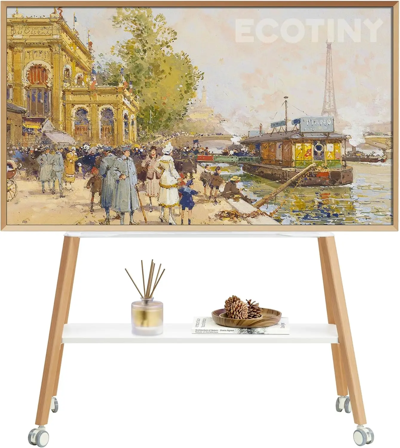 Rolling Easel TV Stand for 49–75 Inch TVs, Mobile TV Cart with Lockable Wheels, Cable Management, Metal Support Frame, Wooden Le