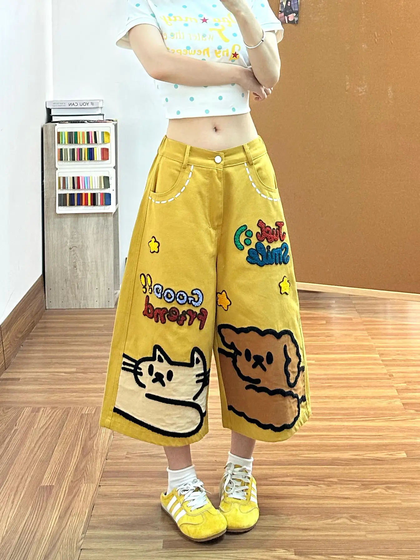 Spicy Girl Dopaamine Yellow Cartoon Embroidery Seven-Foot Denim Jeans Women Summer Design Loose Straight Leg Wide Leg Mid-Pants