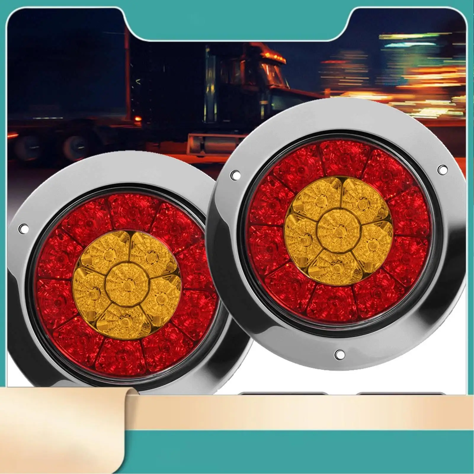 

2X 4 Inch 16 LED Round Truck Trailer RV Brake Stop Turn Tail Signal Light Red Amber Chrome Waterproof 12-24V-N31R