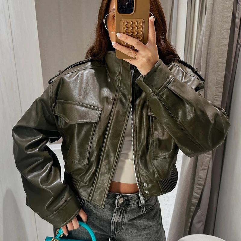 HXAO Faux Leather Jacket Demi-Season Crop Bomber Jackets Street Long Sleeve Green Black Jacket Women's Moto Biker Zipper Jacket