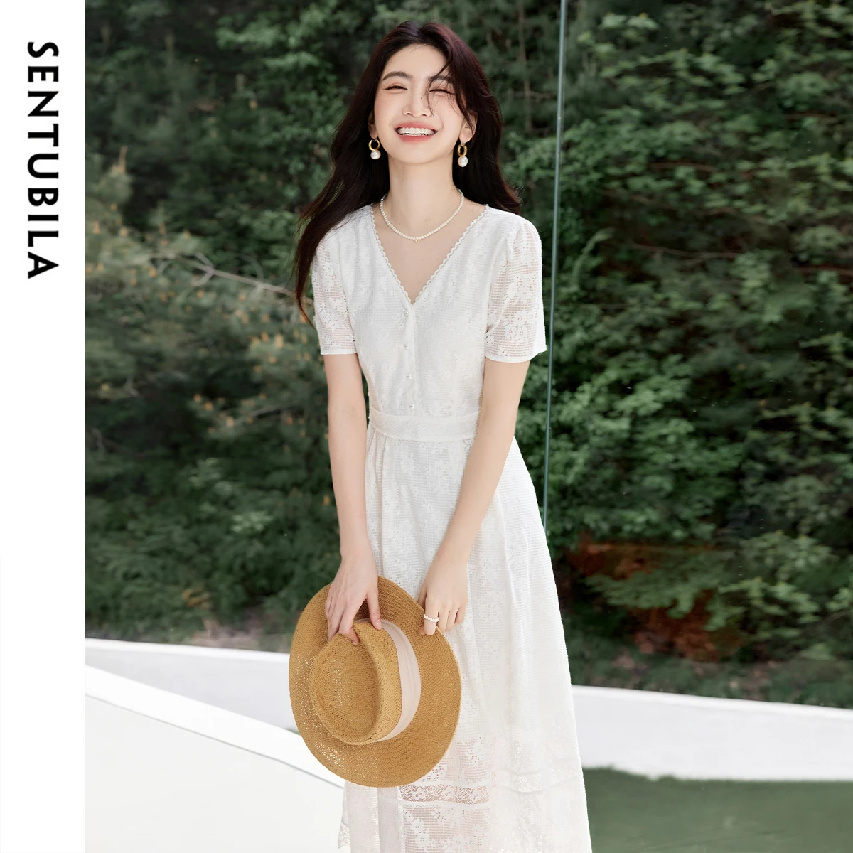 

SENTUBILA Woman White Long Dress 2025 Elegant Collection Lace V Neck Maxi Dresses Summer Pearl Placket Ladies Clothing 152LU0008