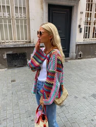 Knitted Cardigan Sweater Women Hollow Out Colorful Knitwear Female Autumn 2023 New Y2K Casual Vintage Loose Long Sleeve Top Lady