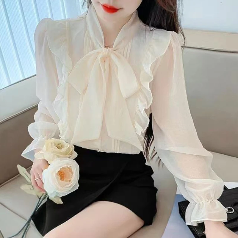 French Ruffled Edge Age Reducing Loose Chiffon Shirt for Women\'s Spring summer Sweet Temperament Bow Versatile Long Sleeved Top